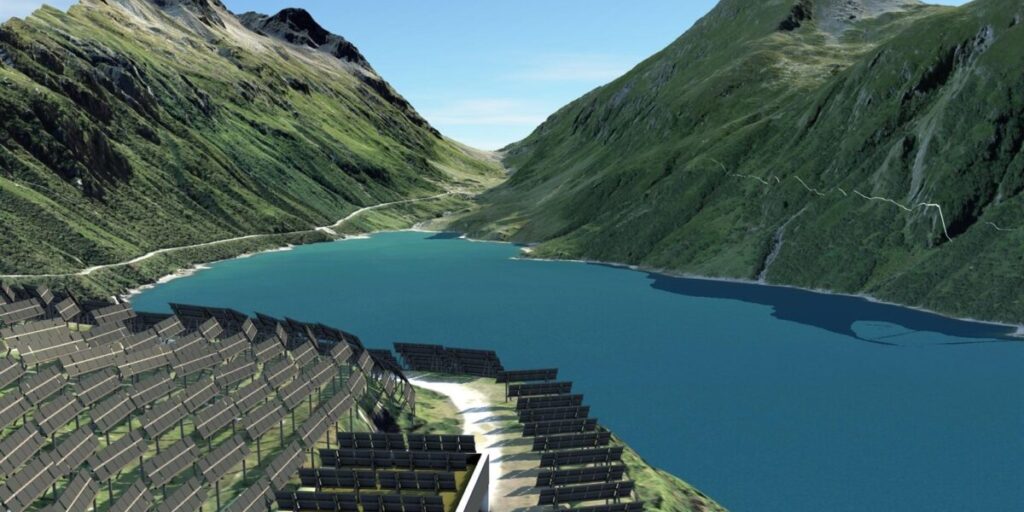 Visualisierung, Photovoltaik-Kraftwerk „Nalpsolar“ am. Stausee Lai da Nalps, Graubünden, Schweiz, Projekt: Axpo